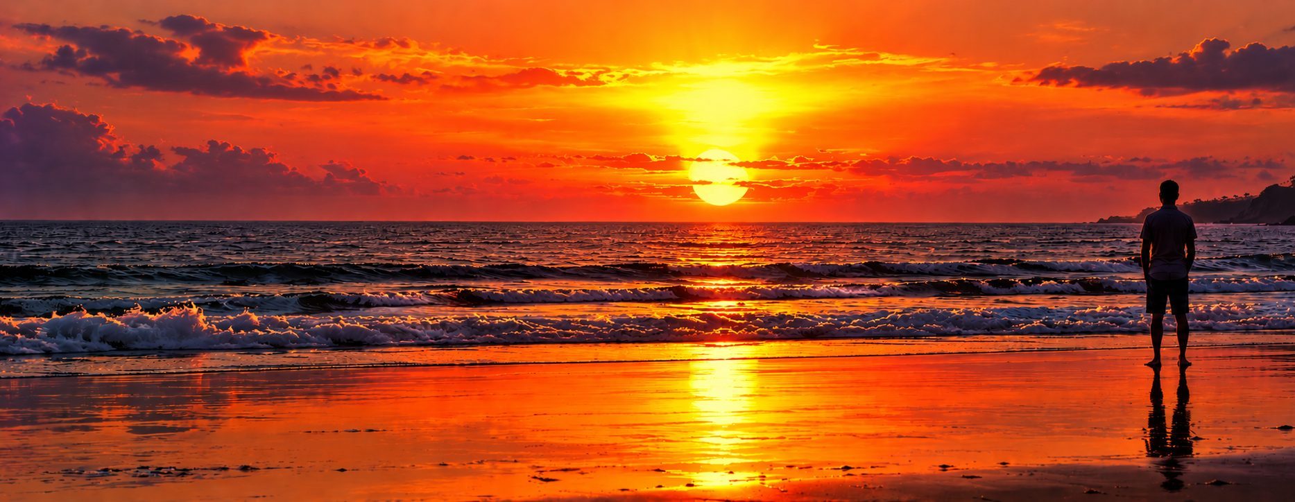 A figure standing at the water's edge on a beach at sunset.