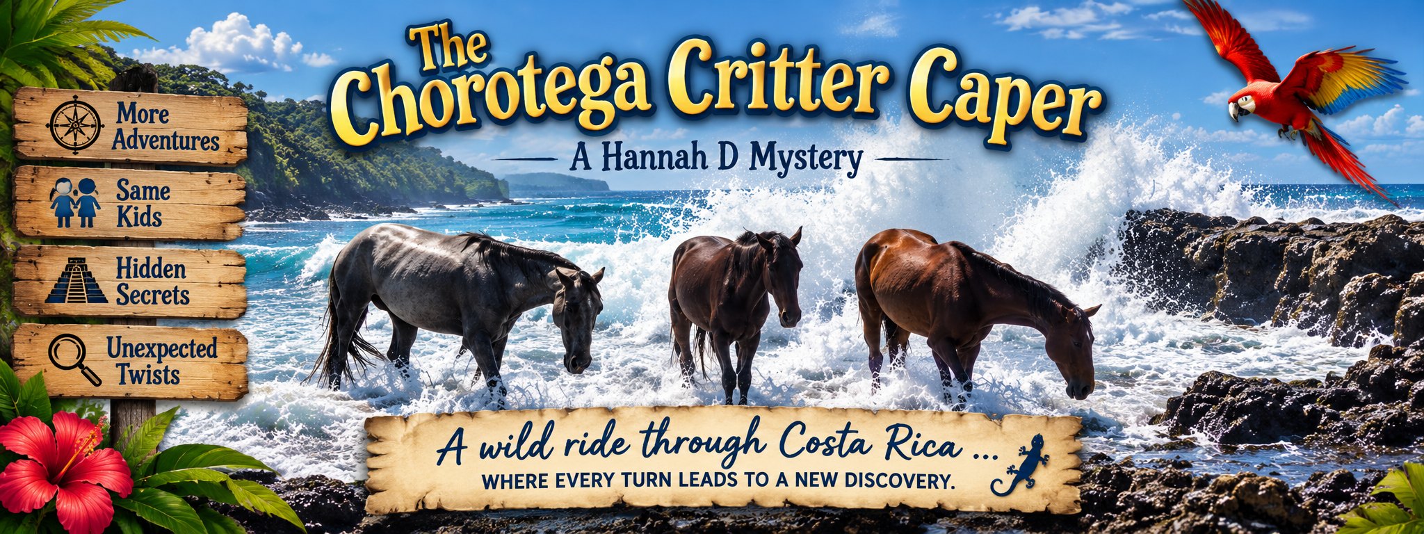 The Chorotega Critter Caper — horses standing in the surf on a rocky Costa Rican shore.