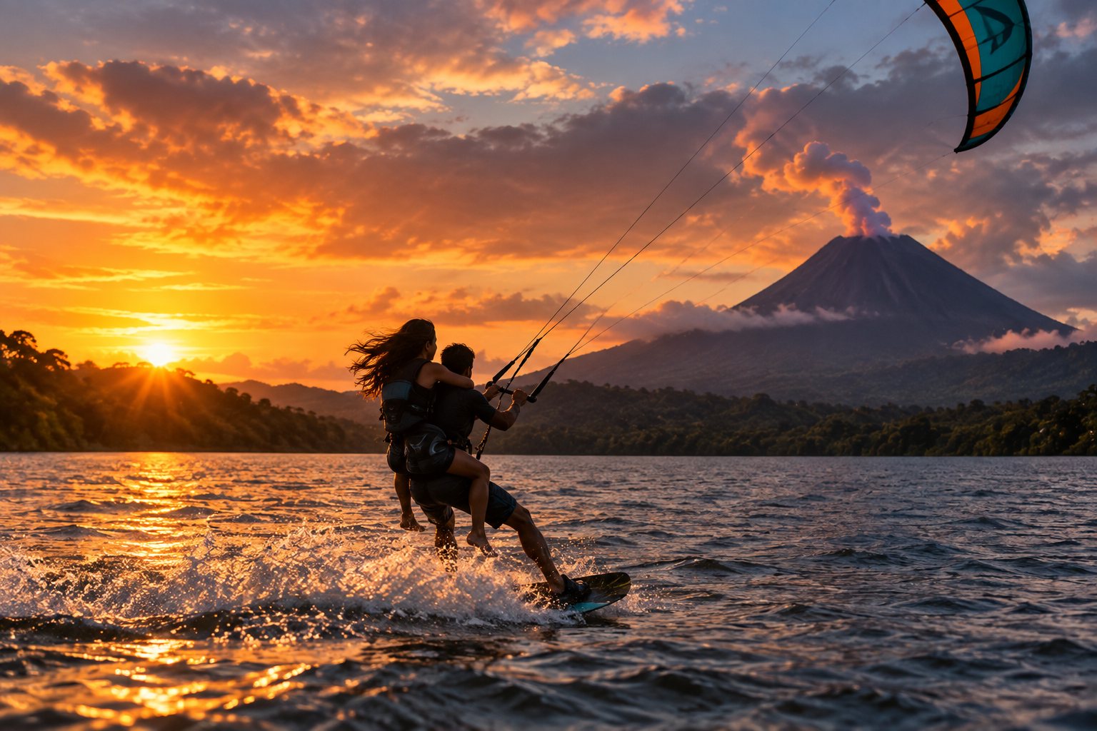 A kite surfer crossing a lake at sunset with a volcano behind.