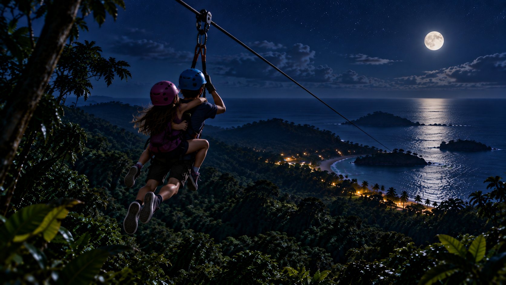 Two children riding a zip line above the rainforest at night, under a full moon.