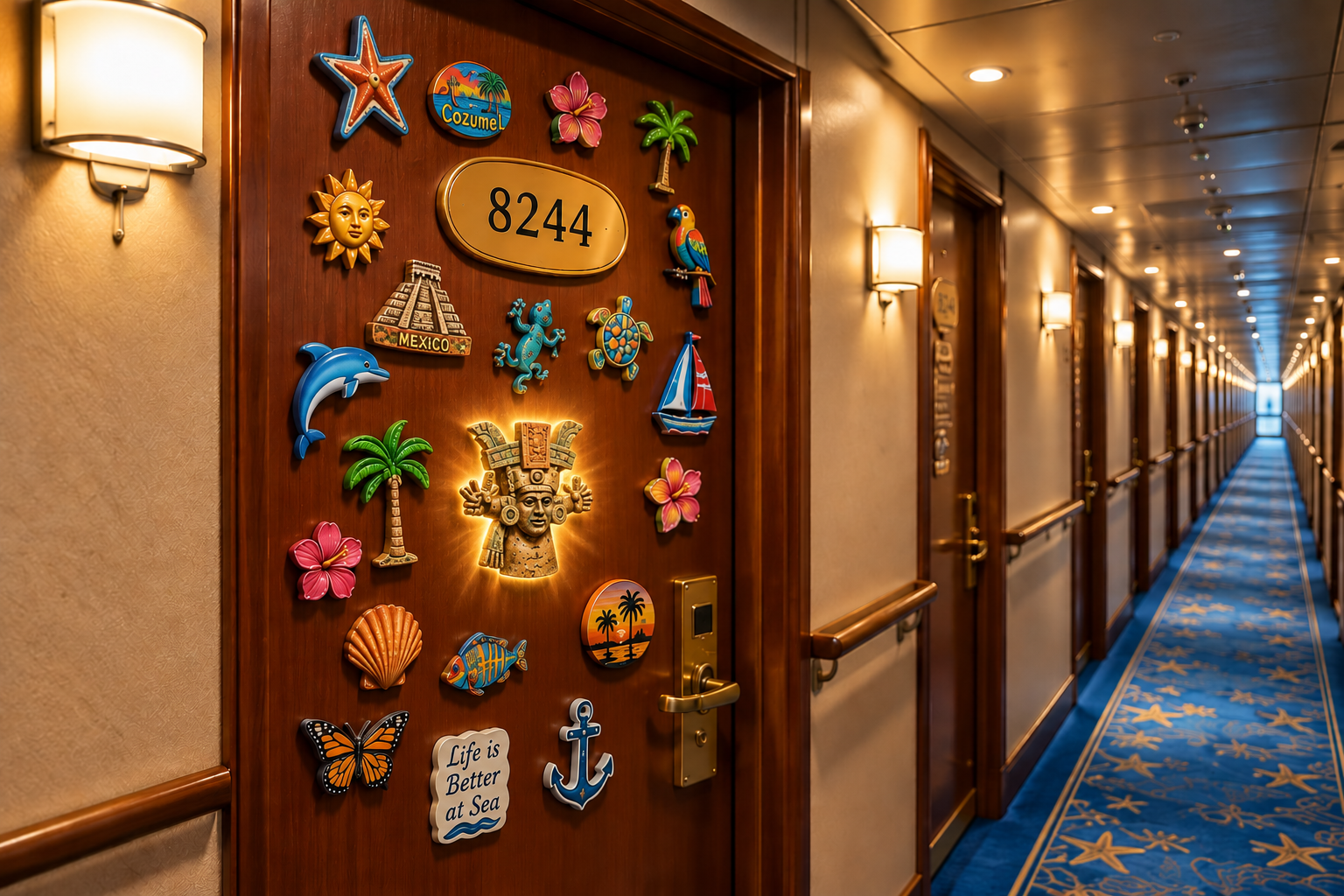 A cruise ship stateroom door, number 8244, covered in souvenir magnets.