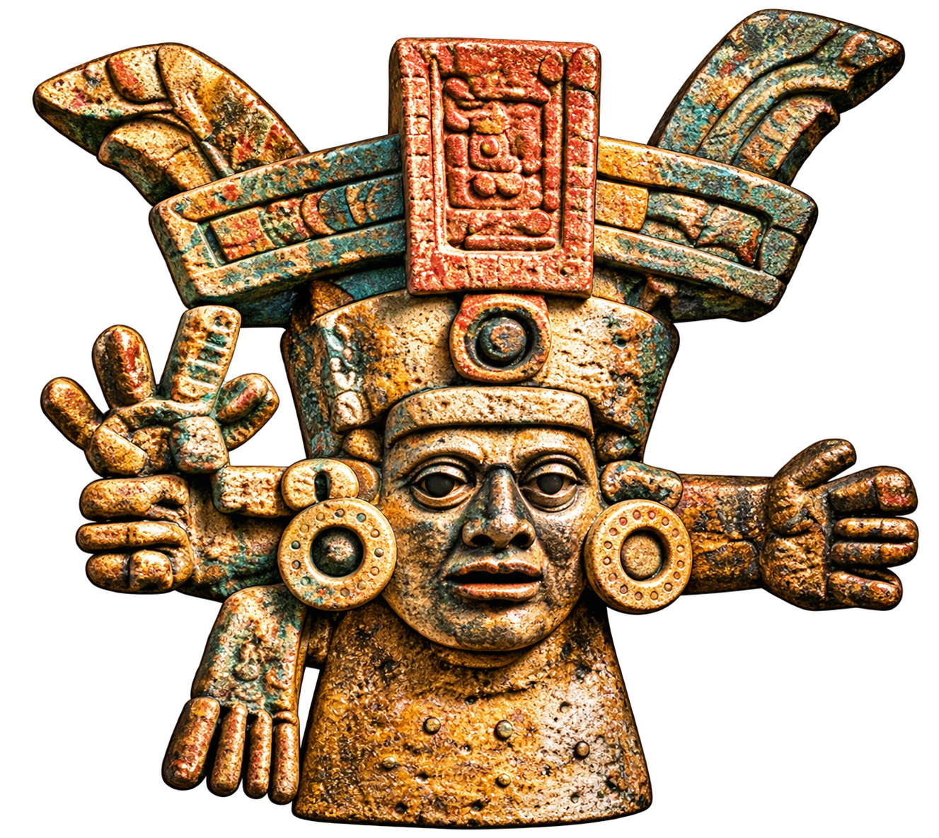 An ancient Maya diving-god figure, carved in stone and painted.