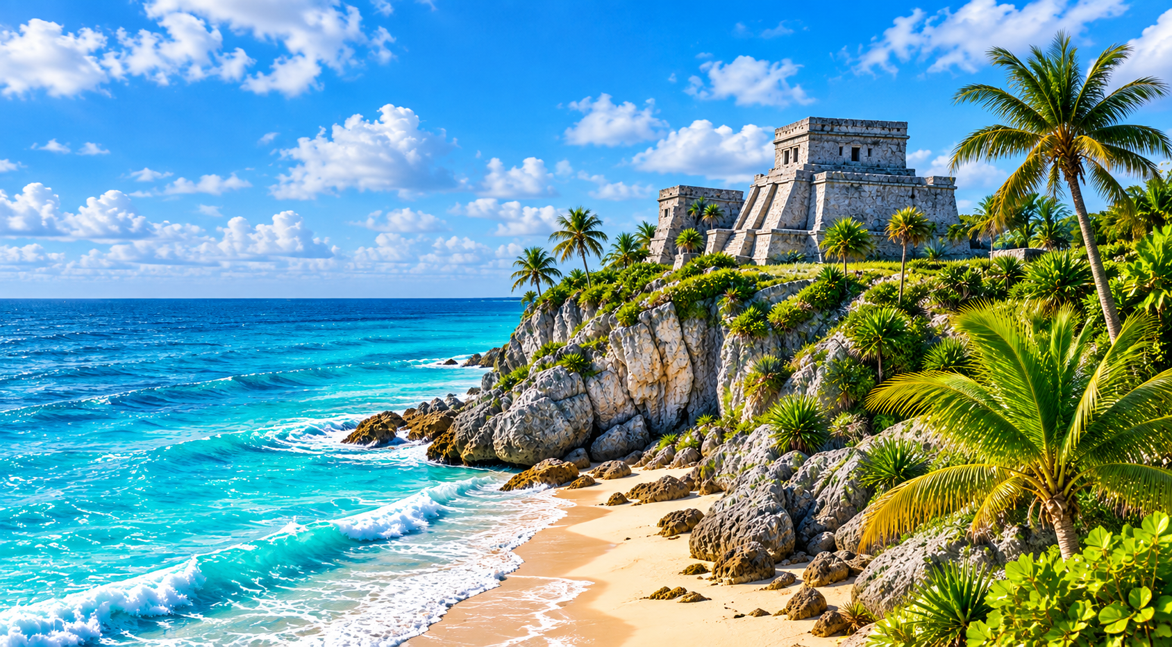 The Maya ruins at Tulum standing on a cliff above a turquoise Caribbean beach.