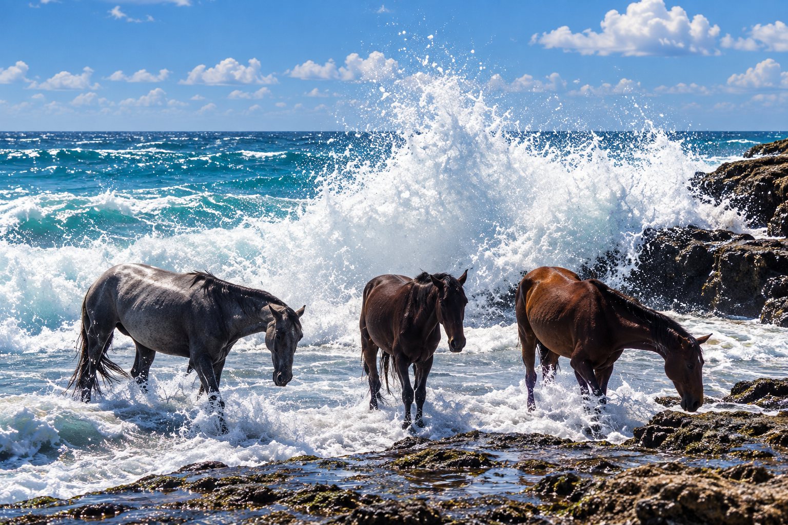 Three horses standing in the surf as a wave breaks behind them on a rocky Costa Rican shore.
